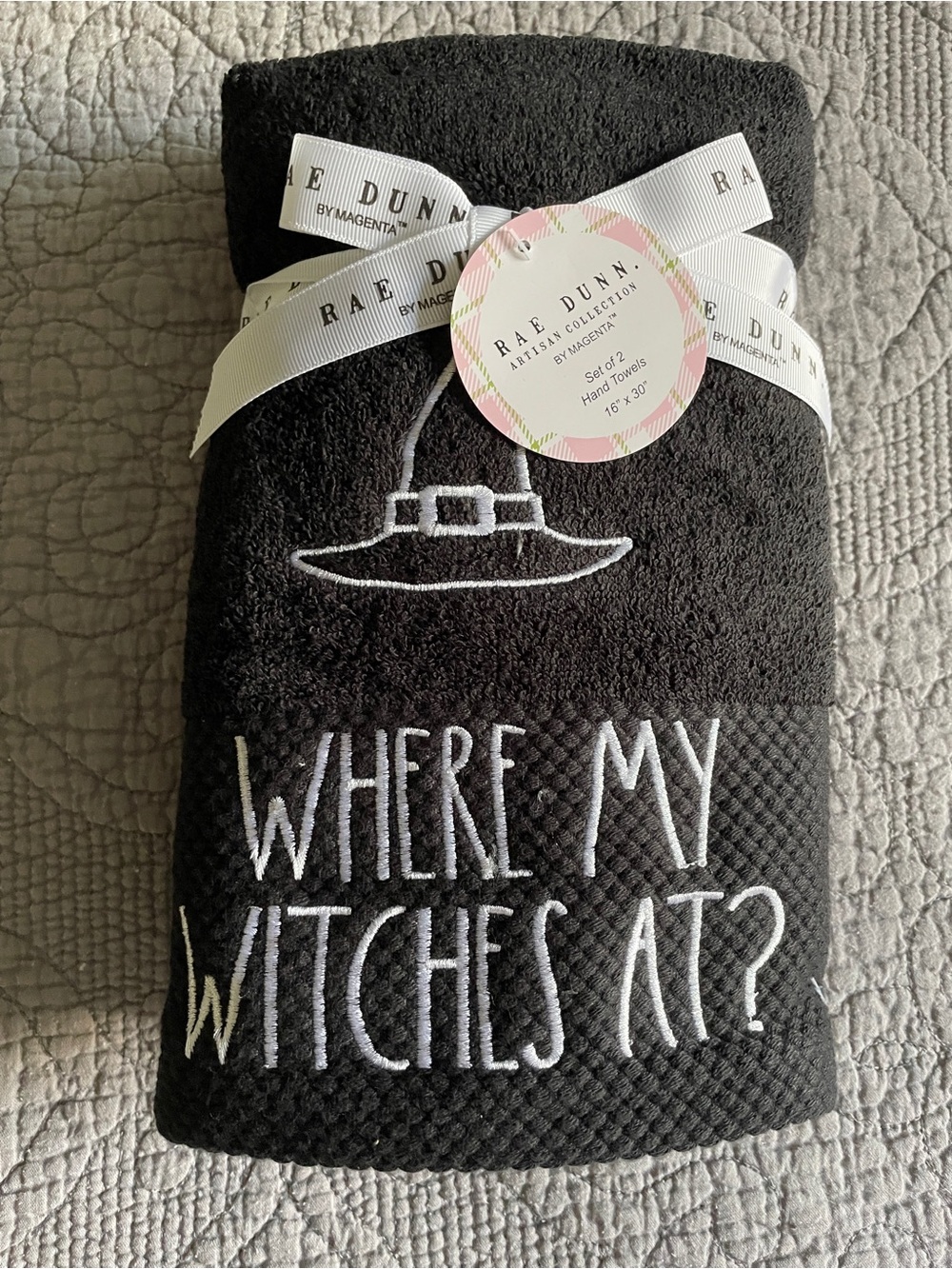 Rae Dunn Black Hand Towel Set with White Embroidery / Halloween